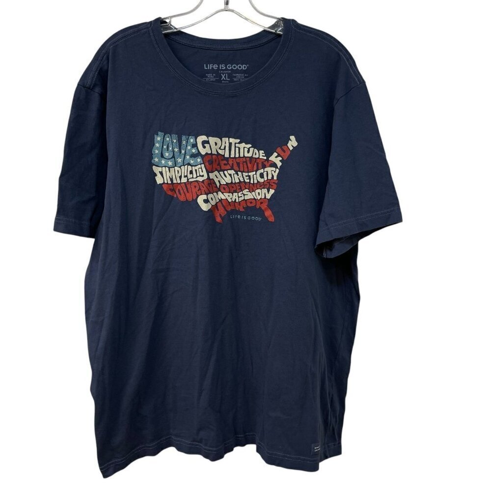 Life Is Good Crusher Tee Blue T-shirt USA Gratitude Mens X-Large XL Blue Flag